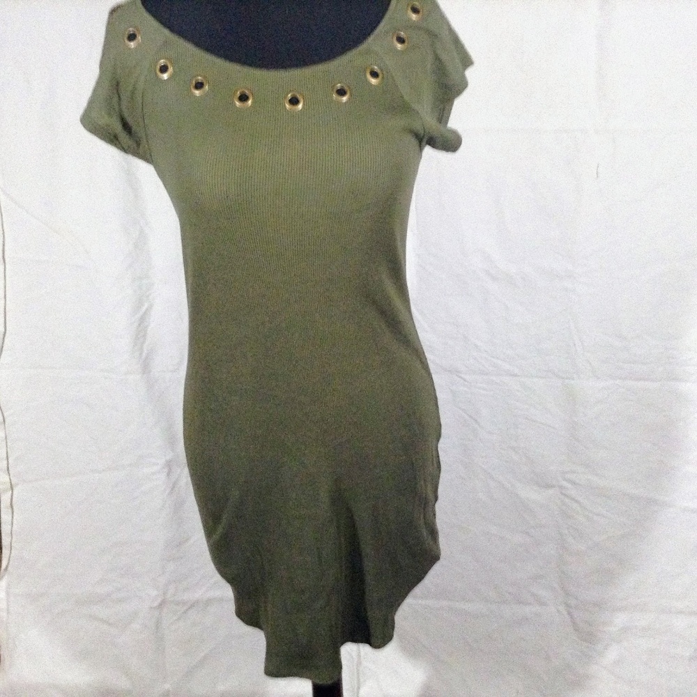 Olive Green Mini Dress with Brass Ringed Neckline